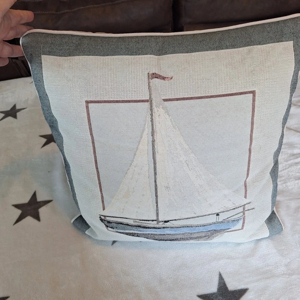 Sailboat Print Tapestry Style Throw Pillow 16 x 16 Beach house Ocean Boat